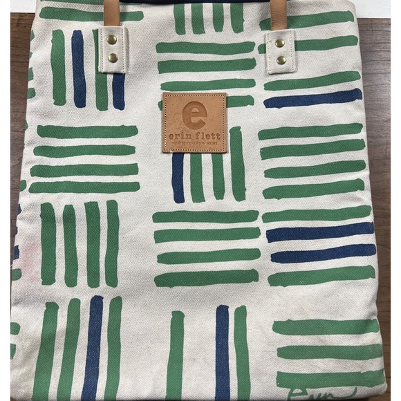 Anthropologie X Erin Flett Handbags - ANTHROPOLOGIE ERIN FLETT CANVAS BAG IVORY‎ Green Blue Leather Double Strap